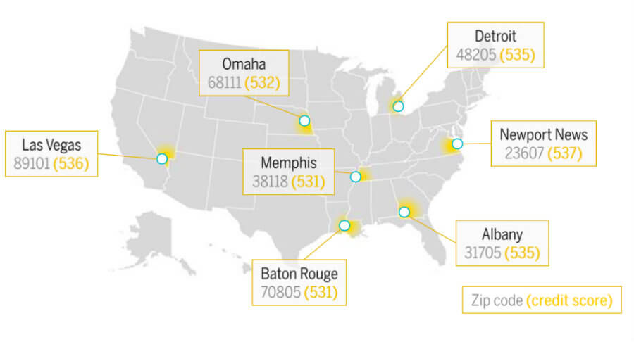 map correlating poverty rates with poor credit scores