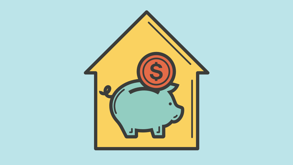 Saving Money: Piggy Bank with Dollar Coin in a House