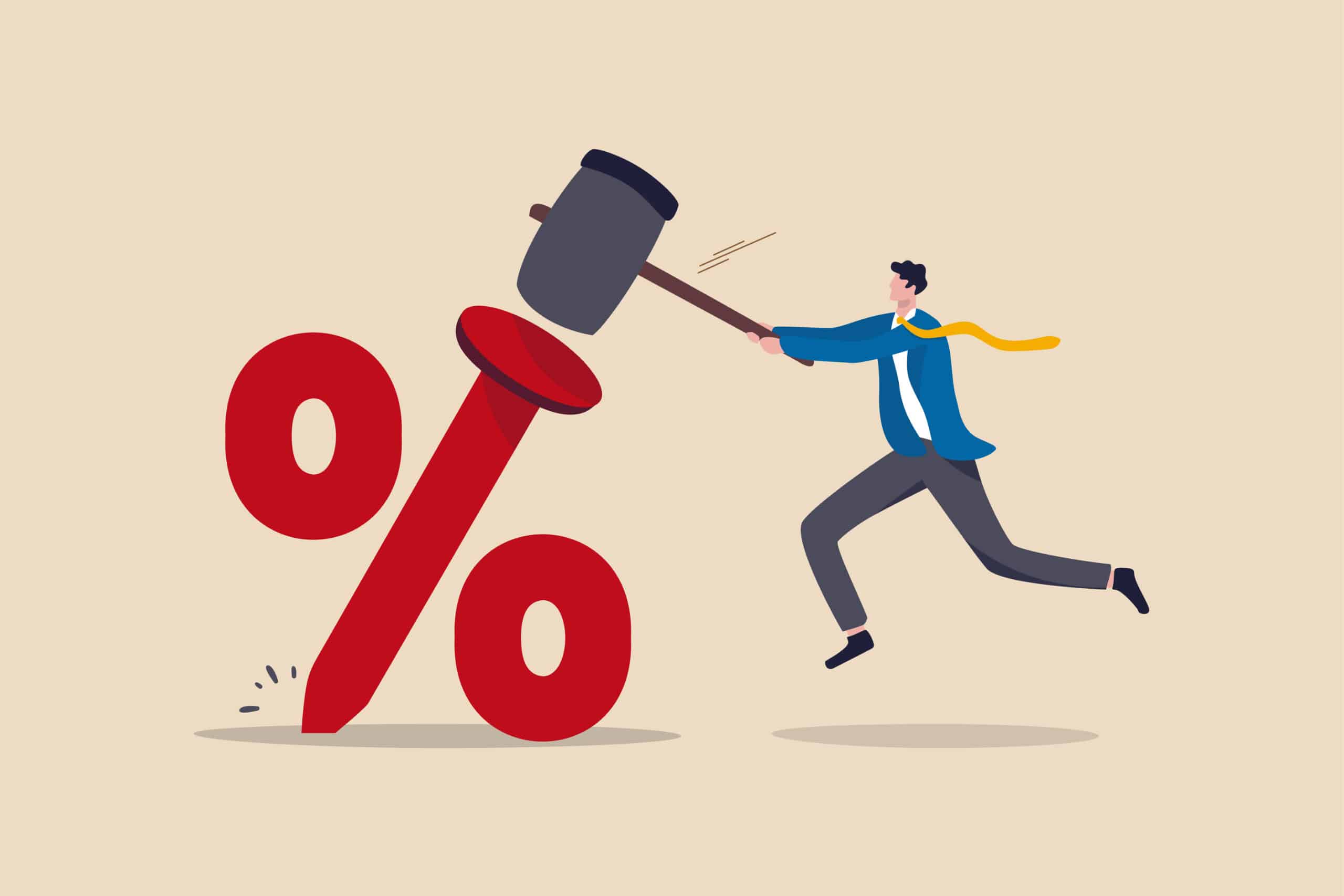 Man pushing hammer into red percentage sign - Lower Interest Rate