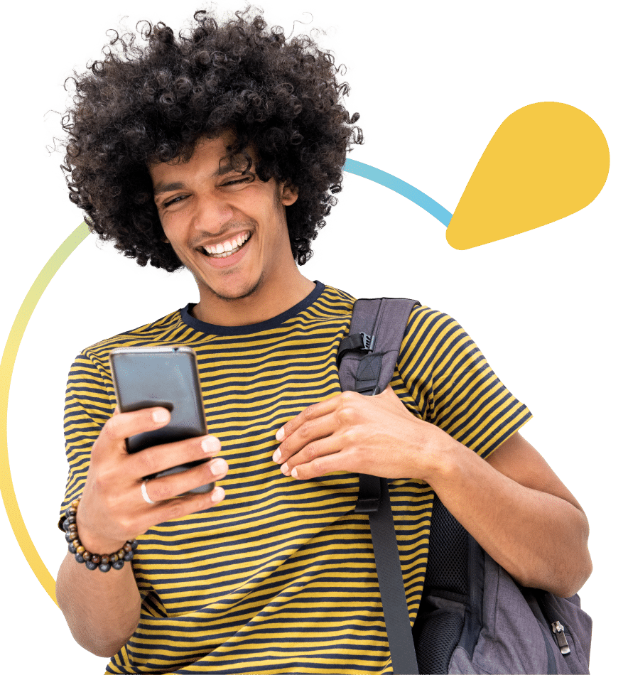 happy person holding phone with yellow icon