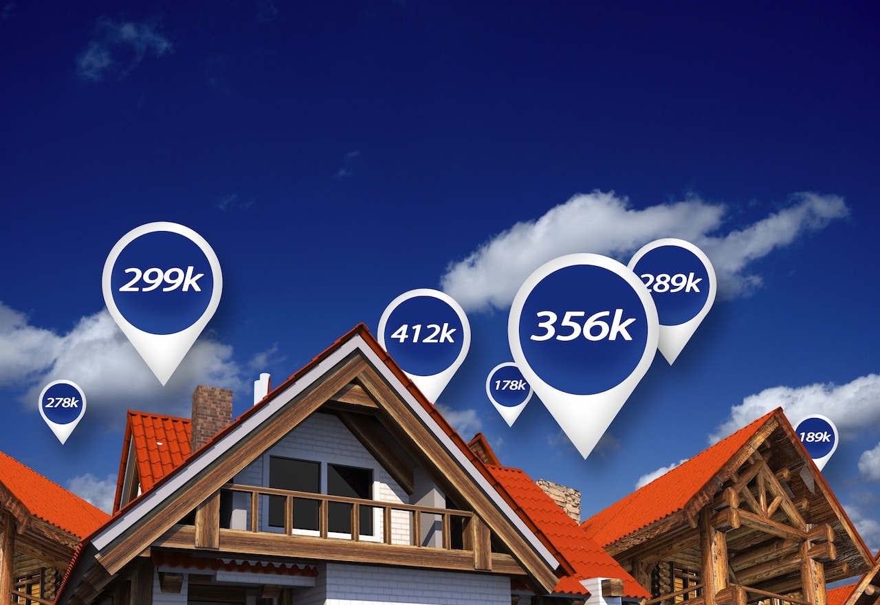 Real Estate Market: Blue Price Tags Above Properties - 3D Abstract Illustration