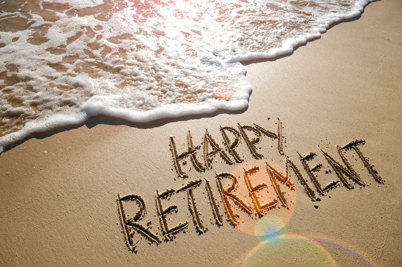 Happy Retirement Written in Sand on a Beach