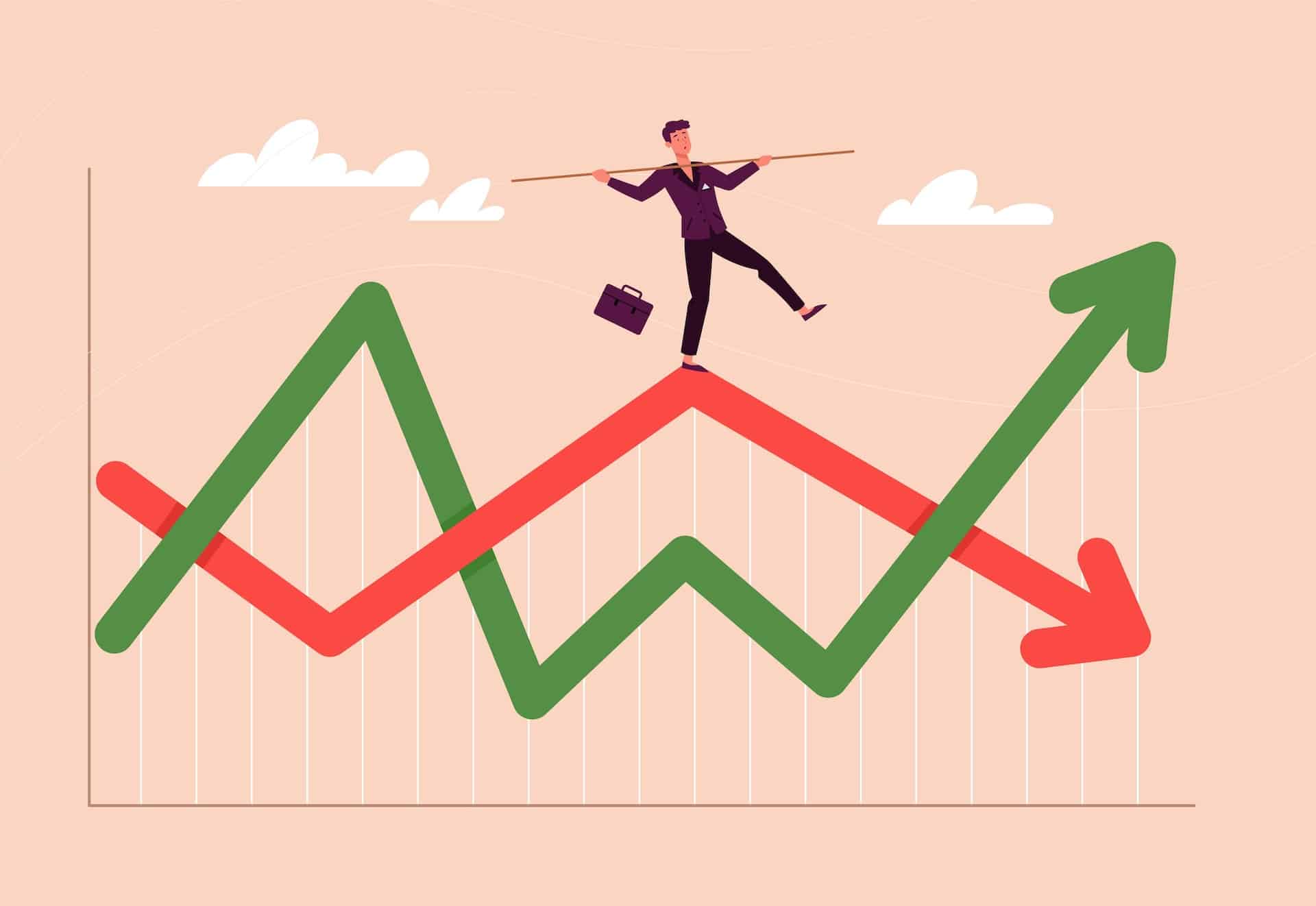 Professional Businessman Balancing on a Graph Chart: Navigating Complexity