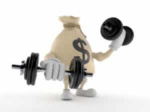 Cartoon Character Flexing Muscles with Money Bag - Symbolizing Strength and Wealth