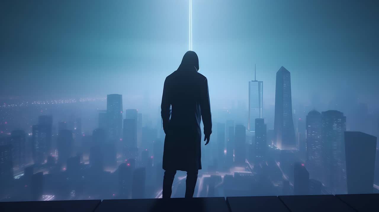 Vigilante in Cyberpunk City: Man on Ledge Observing Urban Landscape